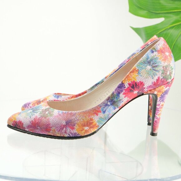 Lucita Women's Pump Size 8 Floral Print Red Blue Leather Pointed Heel Dress Shoe - Picture 8 of 12
